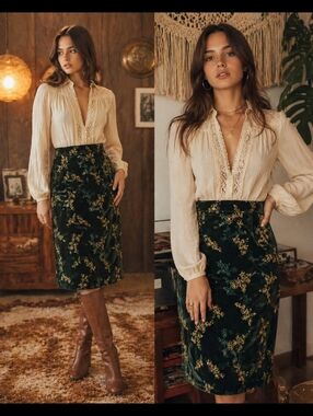 Vintage 1970.s Green Velvet Floral Midi Skirt Embrodiered Fits 4-6